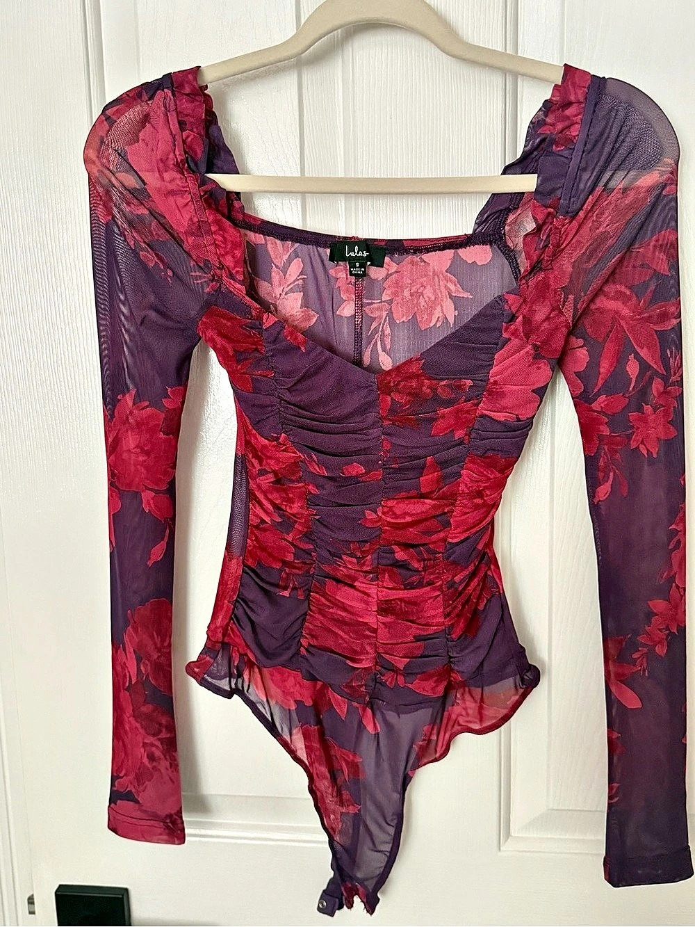 Lulus Adoring Desire Dark Purple Floral Print Mesh Ruched Bodysuit Floral Mesh